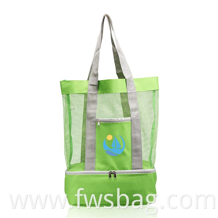 Custom Online Shop Lightweight Zipper Top Mesh Beach Tote Bag With Insulated Picnic Cooler Compartment